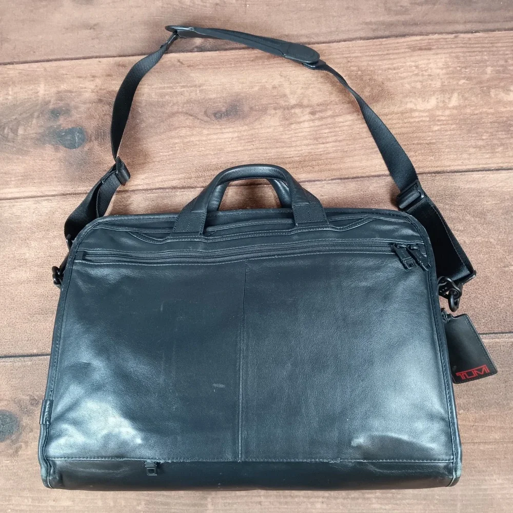Tumi Black Leather Briefcase Laptop Bag Messenger Shoulder Strap Monogram BJL